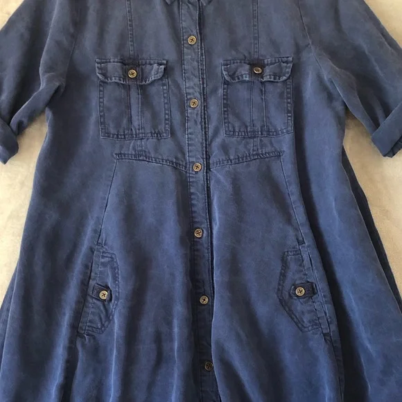 Chelsea & Theodore Flare Midi Dress Size M Tencel Pockets Roll Tab Sleeve Collar - Picture 6 of 12